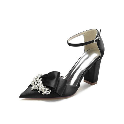 Satin Heels Featuring a Large Decorative Bow and Metallic Heel