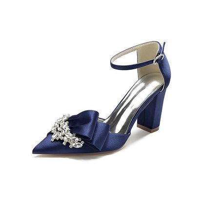 Satin Heels Featuring a Large Decorative Bow and Metallic Heel