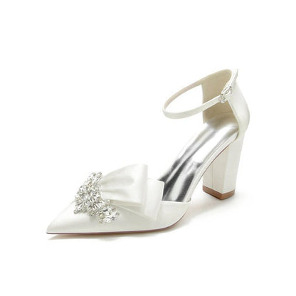 Satin Heels Featuring a Large Decorative Bow and Metallic Heel