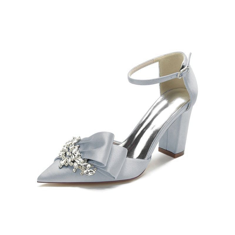 Satin Heels Featuring a Large Decorative Bow and Metallic Heel