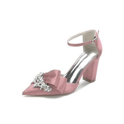 Satin Heels Featuring a Large Decorative Bow and Metallic Heel