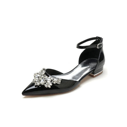 Pointed Toe Patent Leather Flats with Crystal Embellishment
