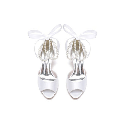 Chic Satin Heels Featuring a Pearl-Embellished Bow