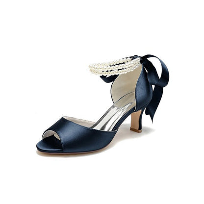 Chic Satin Heels Featuring a Pearl-Embellished Bow