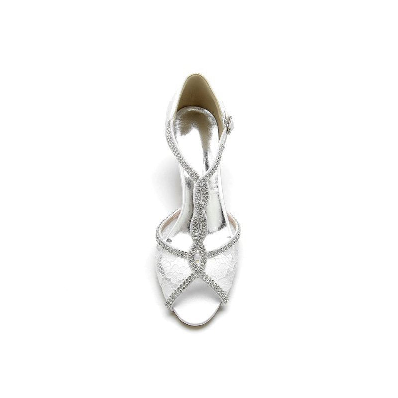 Leather Heels Adorned with Lace and Rhinestone Accents
