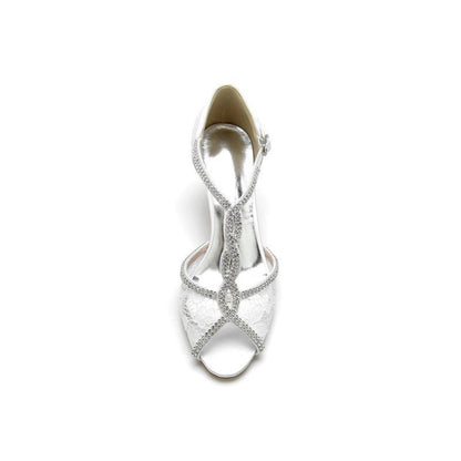 Leather Heels Adorned with Lace and Rhinestone Accents