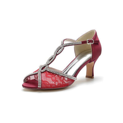 Leather Heels Adorned with Lace and Rhinestone Accents
