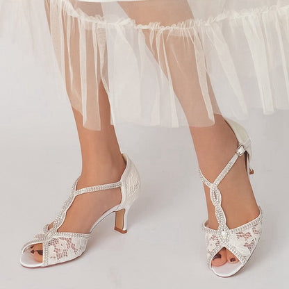 Leather Heels Adorned with Lace and Rhinestone Accents