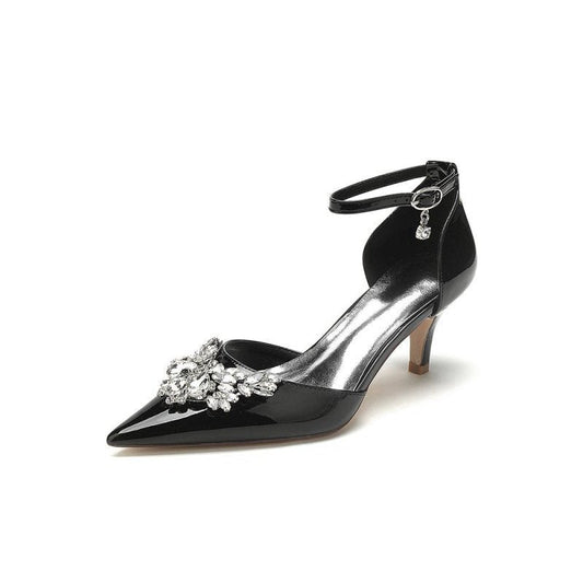 Elegant Patent Leather High Heels with Large Crystal Embellishment