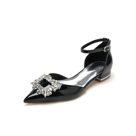 Pointed Toe Patent Leather Flats with Crystal Embellishment