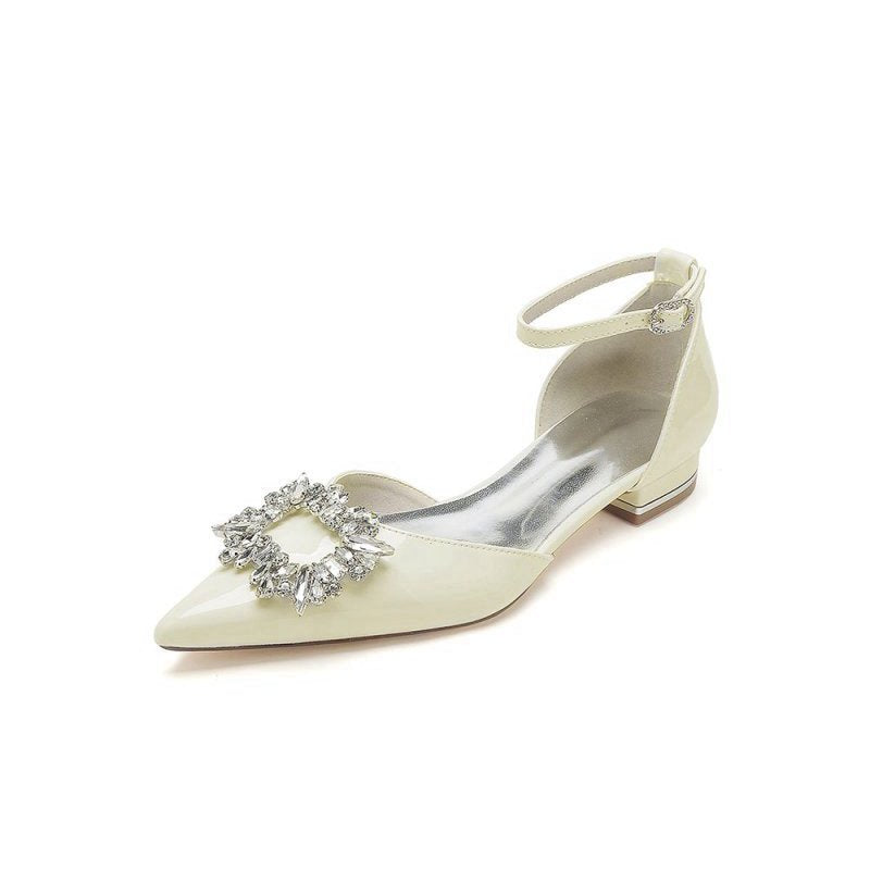 Pointed Toe Patent Leather Flats with Crystal Embellishment