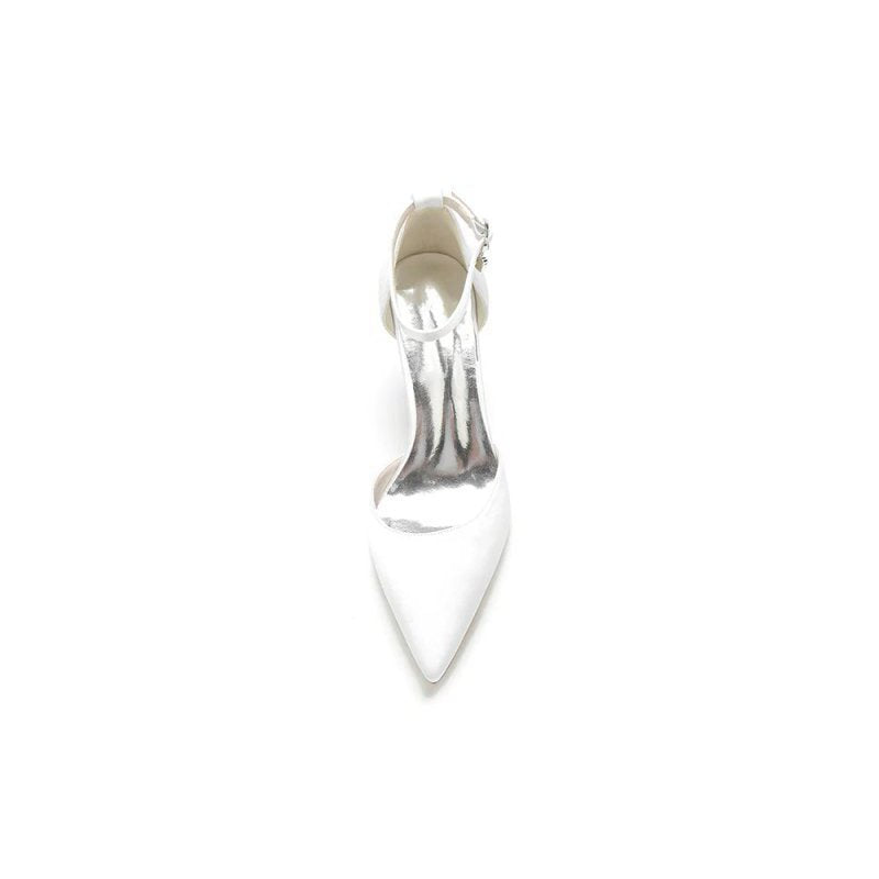 Simple Satin Pointed Toe Ankle Strap Chunky Heel