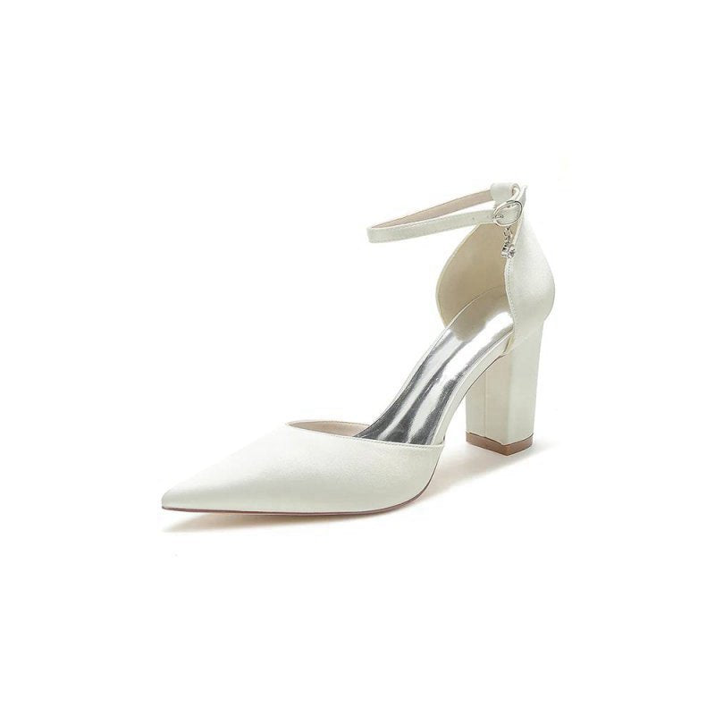 Simple Satin Pointed Toe Ankle Strap Chunky Heel