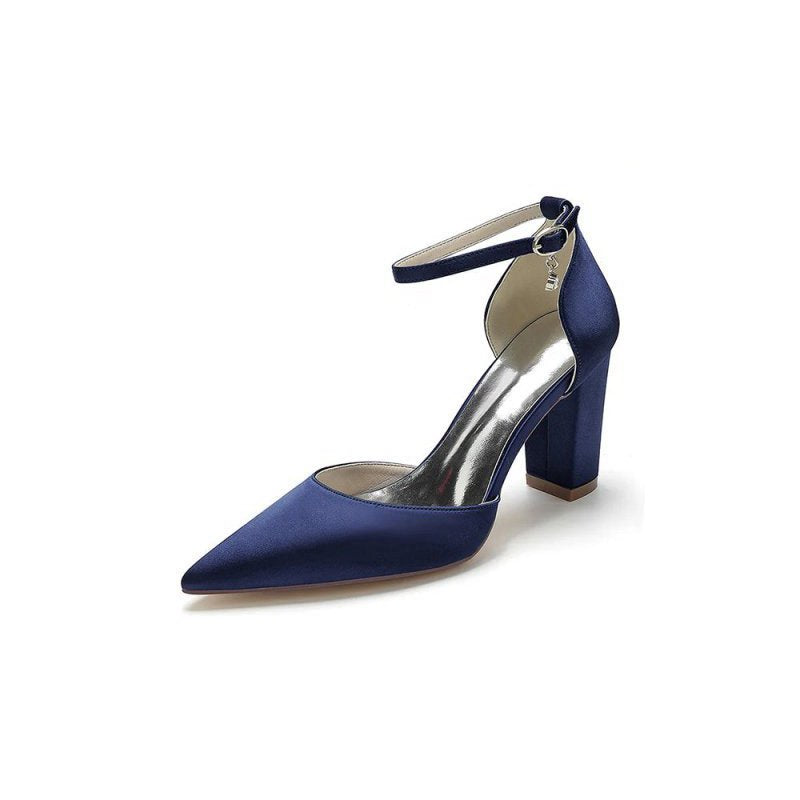 Simple Satin Pointed Toe Ankle Strap Chunky Heel