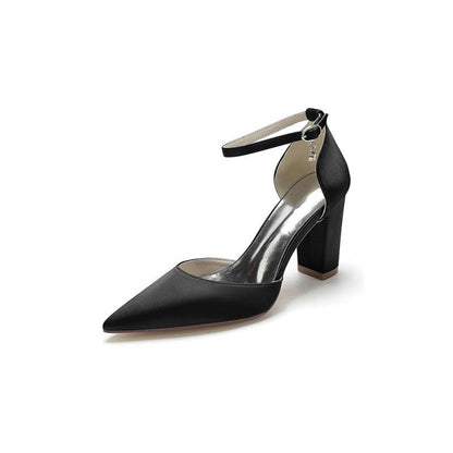 Simple Satin Pointed Toe Ankle Strap Chunky Heel