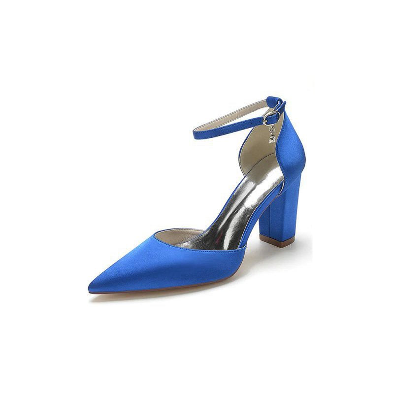 Simple Satin Pointed Toe Ankle Strap Chunky Heel