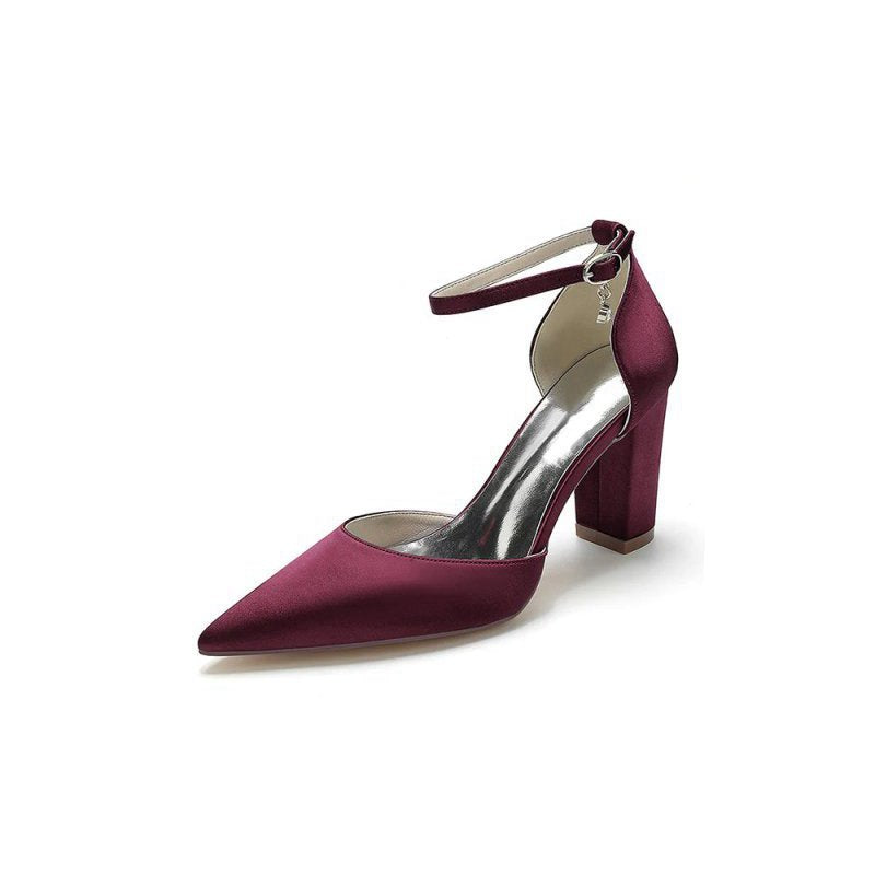 Simple Satin Pointed Toe Ankle Strap Chunky Heel