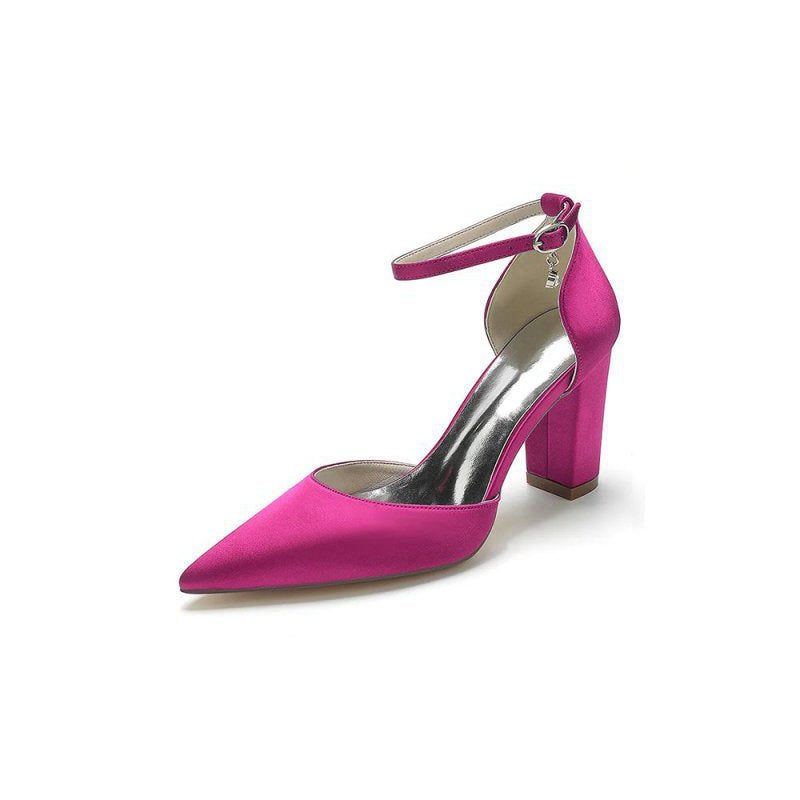 Simple Satin Pointed Toe Ankle Strap Chunky Heel