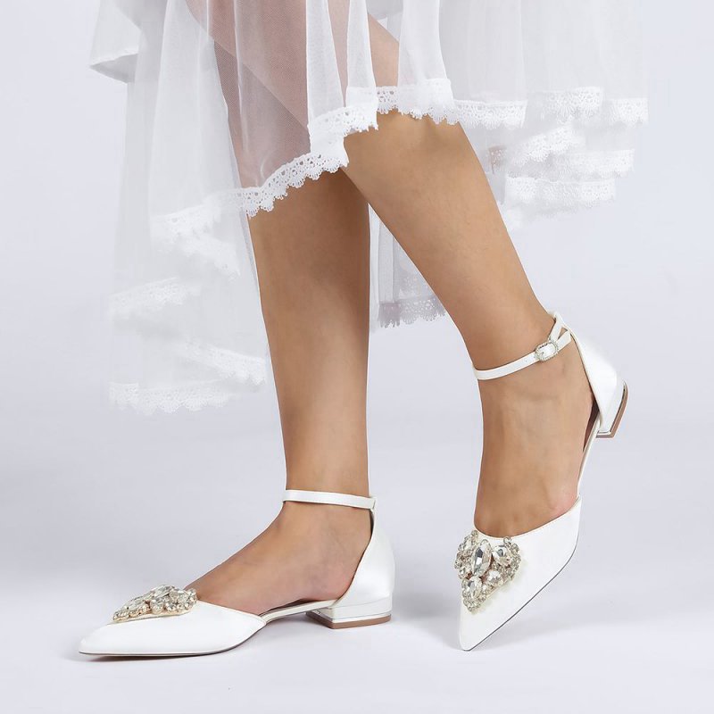Satin Pointed Toe Ankle Strap Rhinestone Kitten Heels