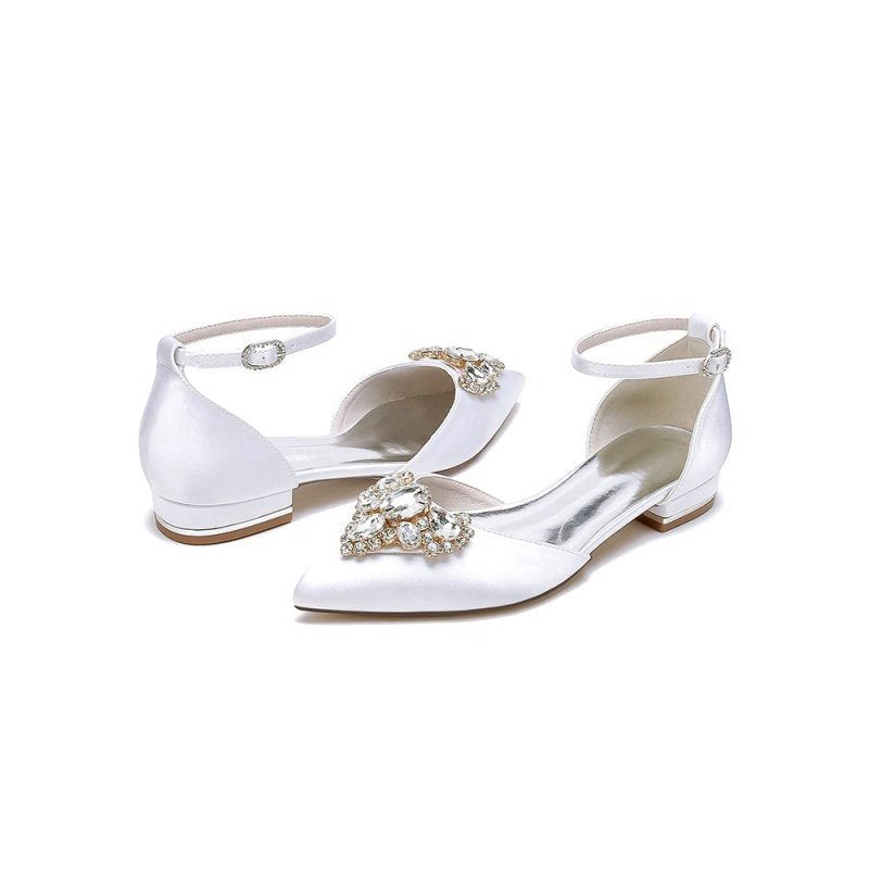 Satin Pointed Toe Ankle Strap Rhinestone Kitten Heels