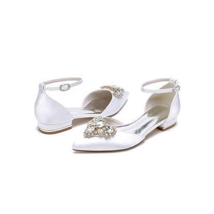 Satin Pointed Toe Ankle Strap Rhinestone Kitten Heels