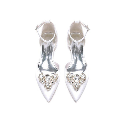 Satin Pointed Toe Ankle Strap Rhinestone Kitten Heels