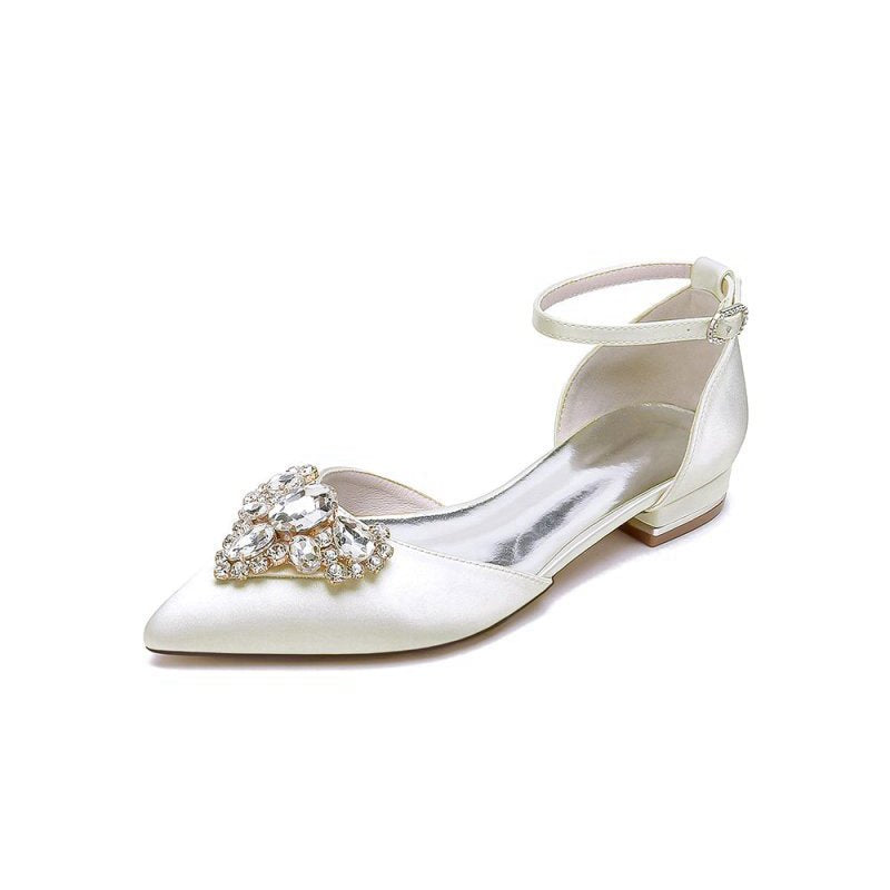 Satin Pointed Toe Ankle Strap Rhinestone Kitten Heels