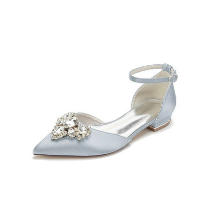 Satin Pointed Toe Ankle Strap Rhinestone Kitten Heels