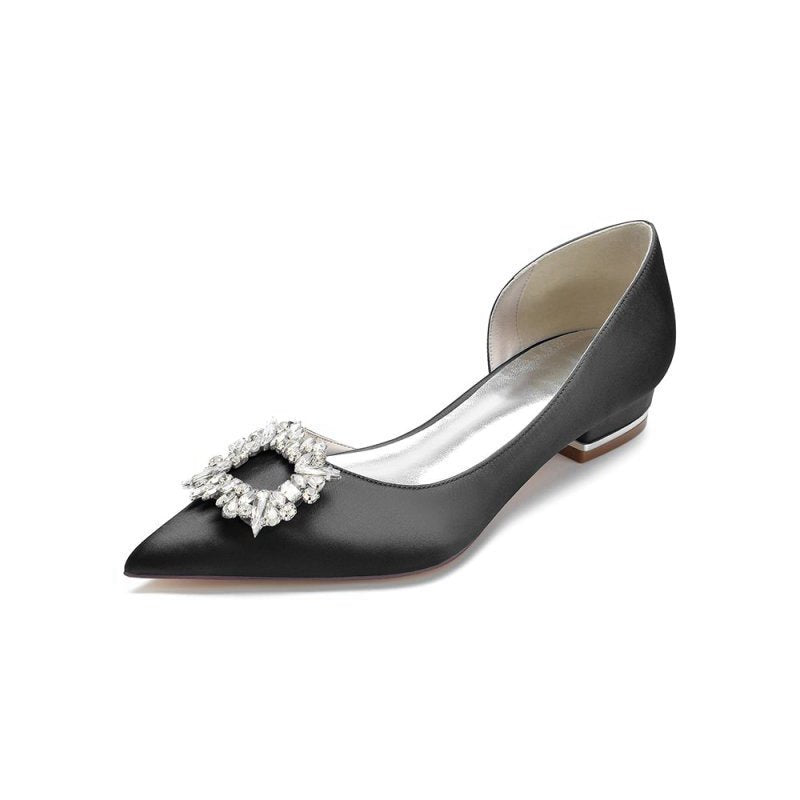Satin Pointed Toe Kitten Heels With Rhinestone
