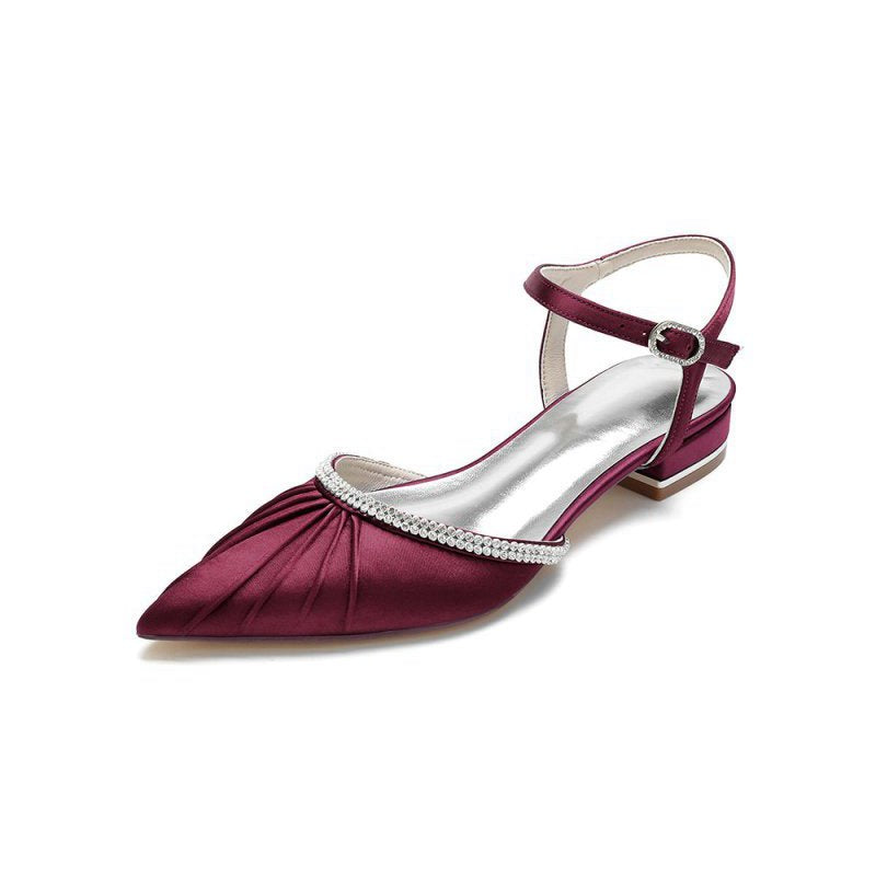 Satin Pointed Toe Beaded Buckle Kitten Heels