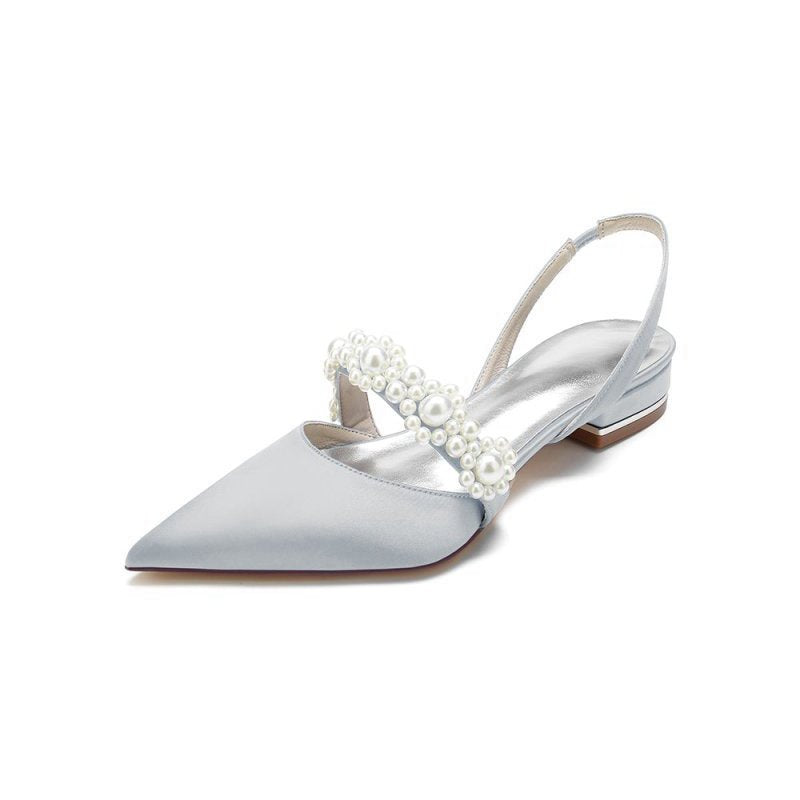 Satin Pointed Toe Pearl Kitten Heels
