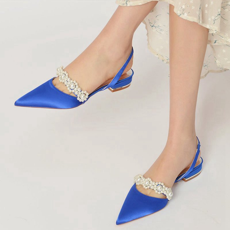Satin Pointed Toe Pearl Kitten Heels