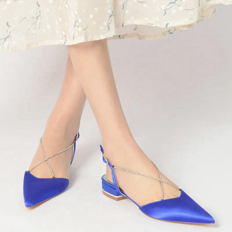 Satin Pointed Toe Beading Buckle Kitten Heels