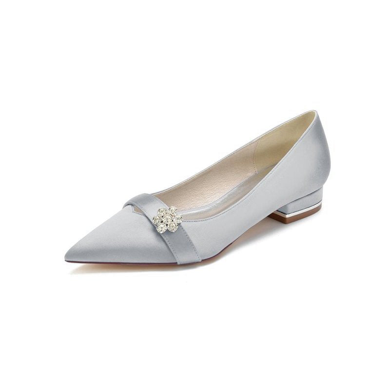 Satin Pointed Toe Floral Beading Kitten Heels