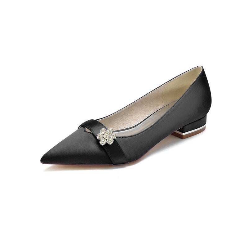 Satin Pointed Toe Floral Beading Kitten Heels