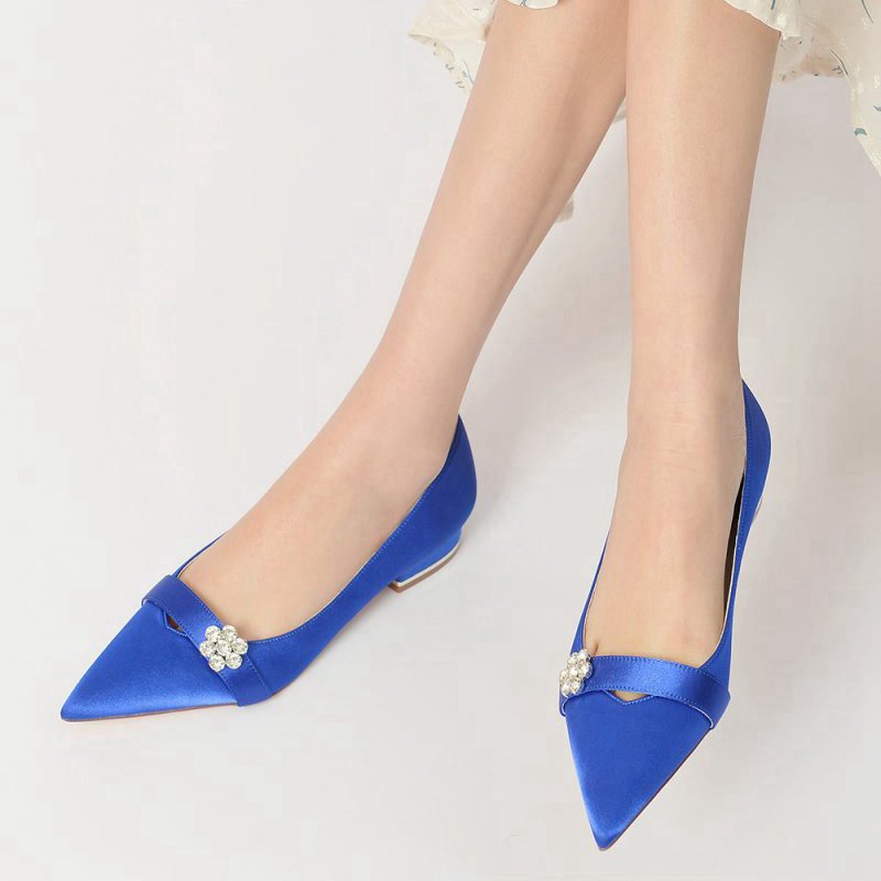 Satin Pointed Toe Floral Beading Kitten Heels