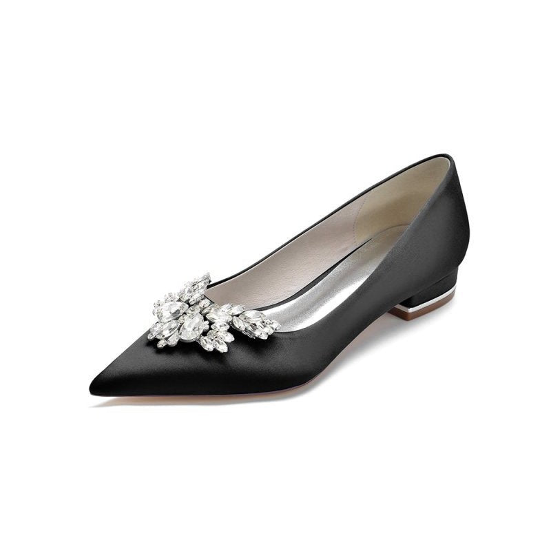Satin Pointed Toe Rhinestone Kitten Heels