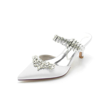 Satin Pointed Toe Mules with Crystal Rhinestone