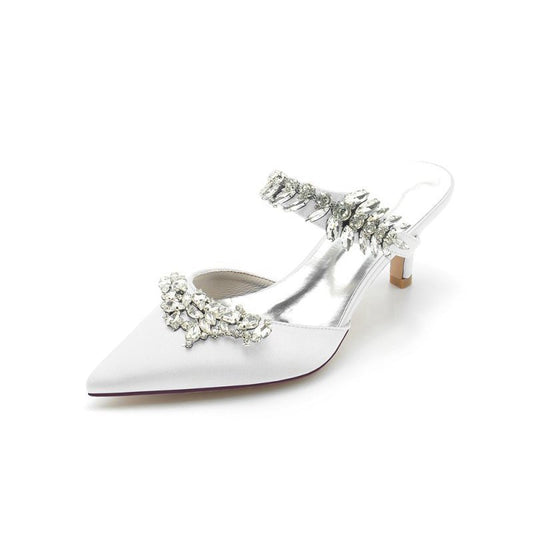 Satin Pointed Toe Mules with Crystal Rhinestone