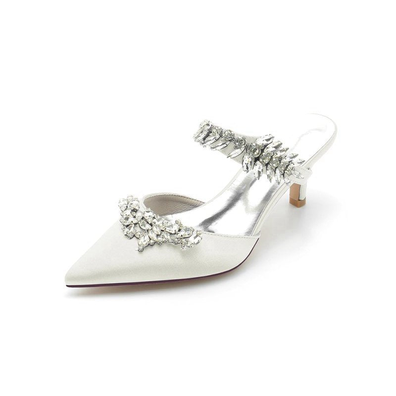 Satin Pointed Toe Mules with Crystal Rhinestone