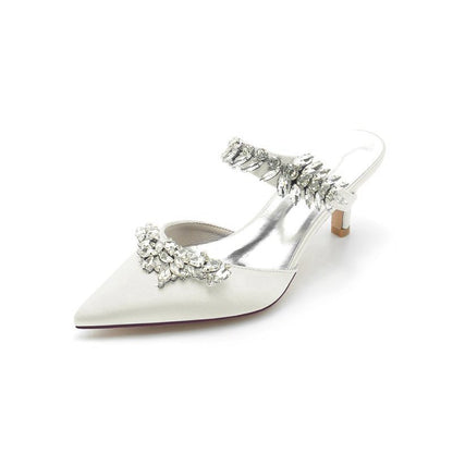 Satin Pointed Toe Mules with Crystal Rhinestone