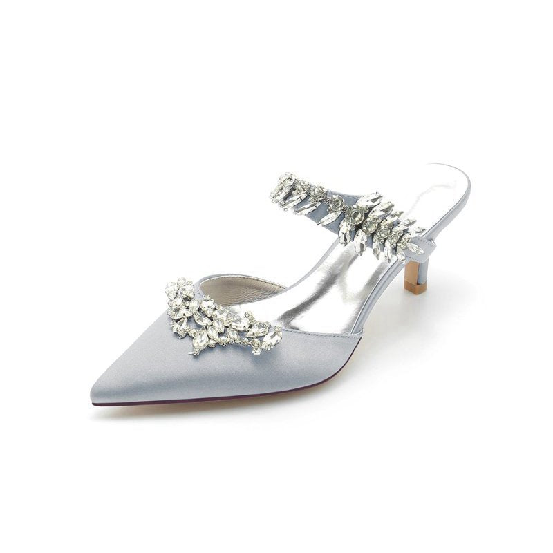Satin Pointed Toe Mules with Crystal Rhinestone