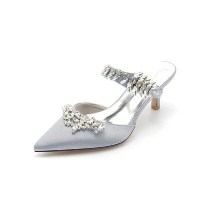Satin Pointed Toe Mules with Crystal Rhinestone