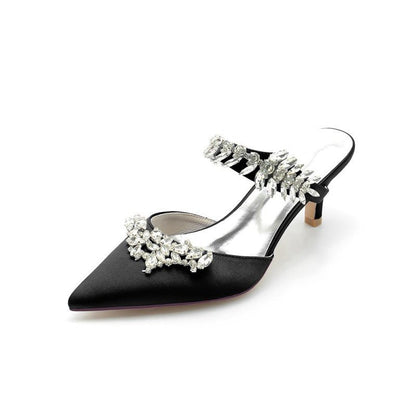Satin Pointed Toe Mules with Crystal Rhinestone