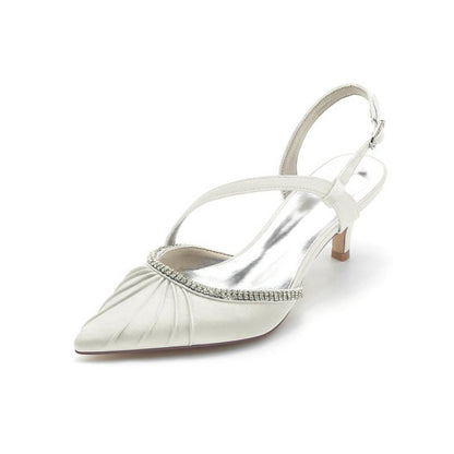 Satin Pointed Toe Slingback Heels with Rhinestone