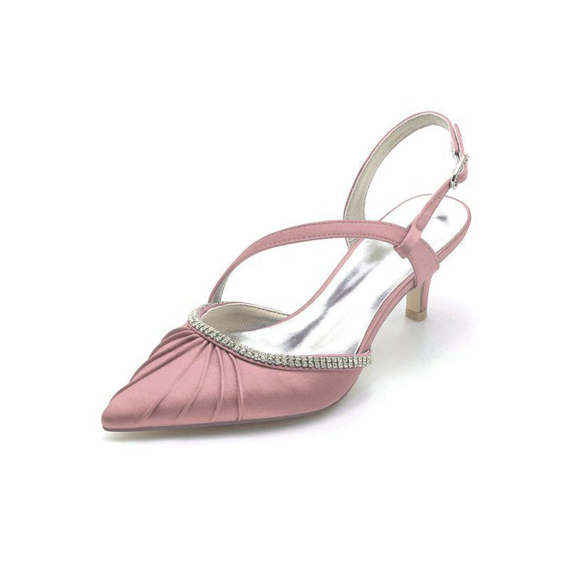Satin Pointed Toe Slingback Heels with Rhinestone