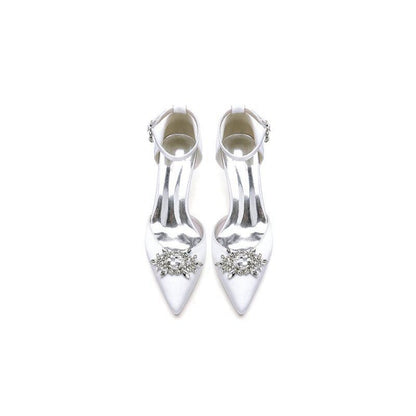 Pointed Toe Ankle Strap Chunky Heel With Rhinestone