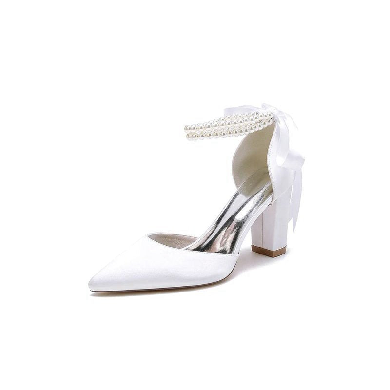 Pointed Toe Pearl Ribbon Ankle Strap Chunky Heel