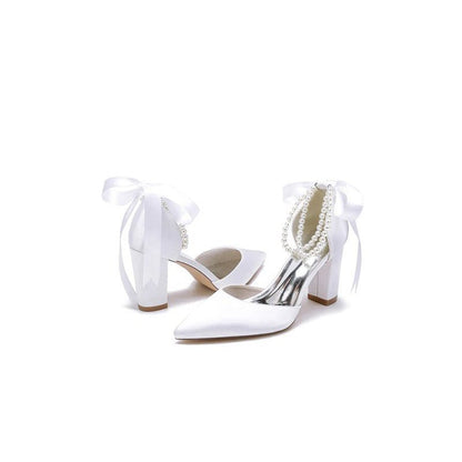 Pointed Toe Pearl Ribbon Ankle Strap Chunky Heel
