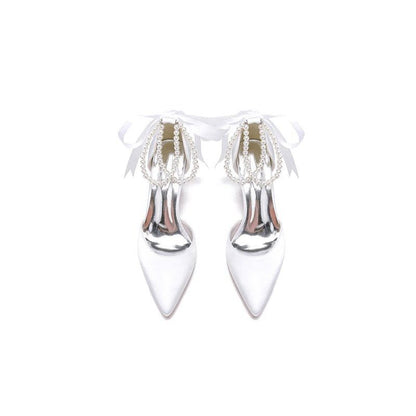 Pointed Toe Pearl Ribbon Ankle Strap Chunky Heel